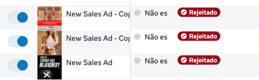Ad manager screenshot showing rejected ads